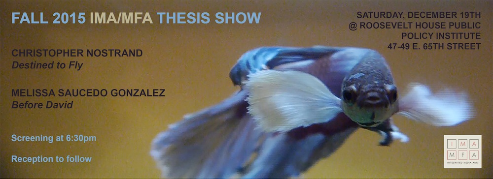 Teaser graphic for Fall 2015 IMA/MFA Thesis Show with a photo of an exotic blue fish