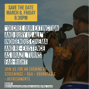 Poster for the "Decree Our Extinction" March 2019 event which includes a graphic of a man holding a camera.