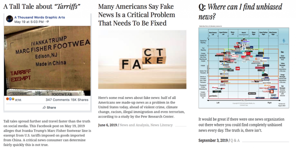 news literacy screenshots of 3 articles