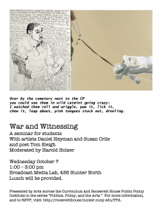 War and Witnessing event poster with a drawing of an amputee and a painting of a man dragged on the floor by a leash