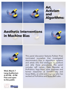 Poster for the event Art, Activism and Algorithms: Aesthetic Interventions in Machine Bias