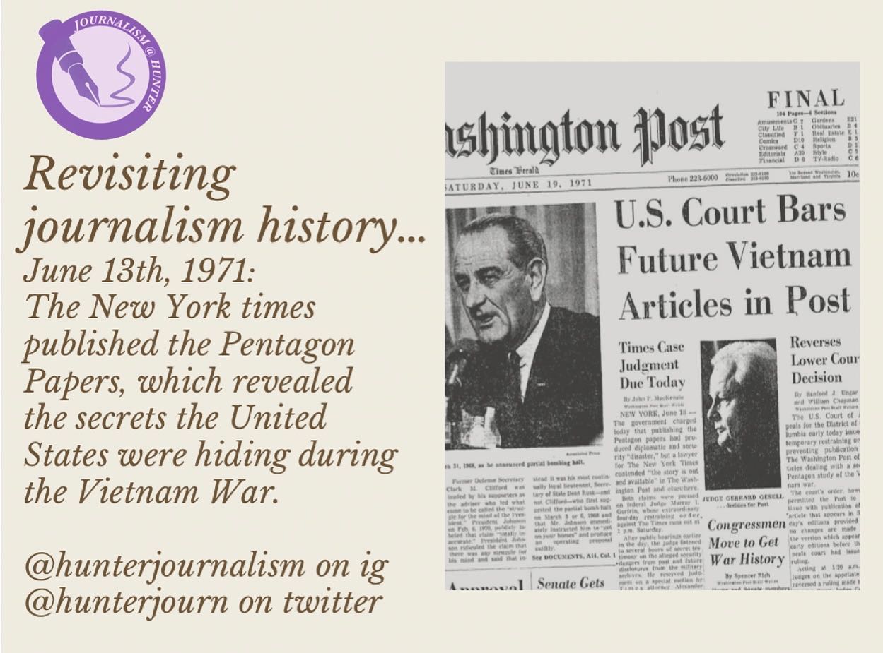 Happy first day of the Spring semester, and welcome to the relaunched JOURNALISM @ HUNTER Instagram! 

Today in revisiting journalism history, we take a look at the Pentagon Papers being published. These classified documents revealed the truth about what the United States was hiding during the Vietnam War, and greatly swayed public opinion on the war. 

As we start a new semester, think about how we as journalists can move audiences with facts, research, and dedication to our craft. Have a great first day of classes!