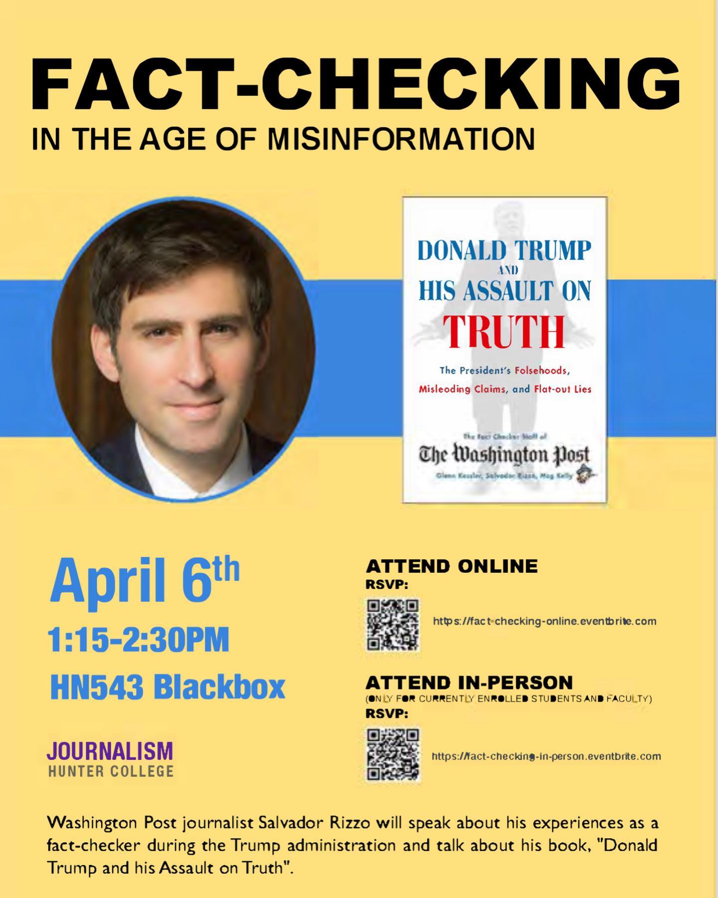 Join us for a conversation with Sal Rizzo, fact-checker for @washingtonpost, on April 6th to talk about the spread of misinformation and his book, “Donald Trump and His Assault on Truth.”

Visit https://www.eventbrite.com/e/289748153527 to register.
