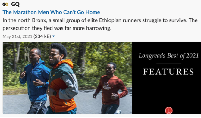 A screenshot of Professor Alm's article about four Ethiopian runners in the Bronx.
