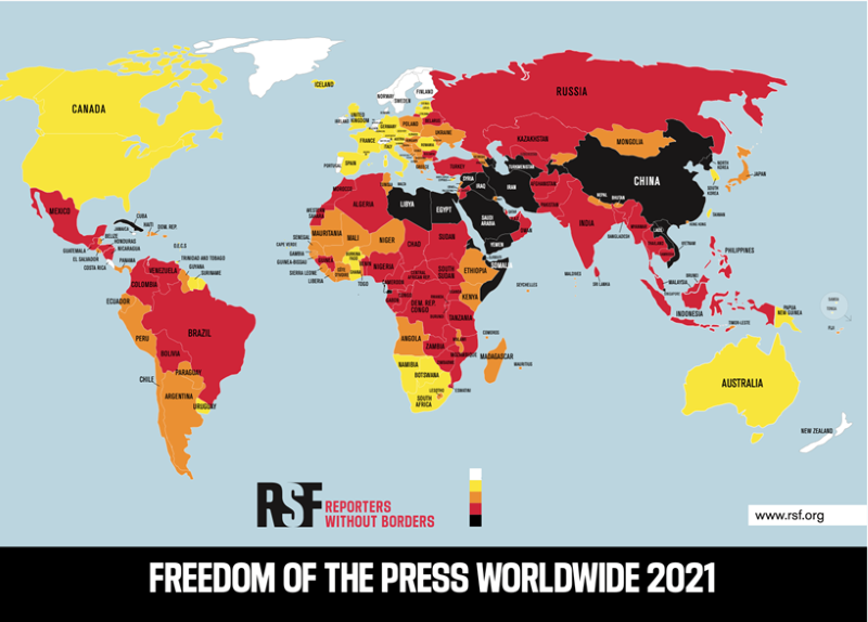 Map released by Freedom of the Press Worldwide 2021 depicting how the freedom of the press is in danger.