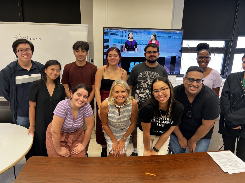 The students of the Studio News Production course and their instructor, Sissel W. Mccarthy.