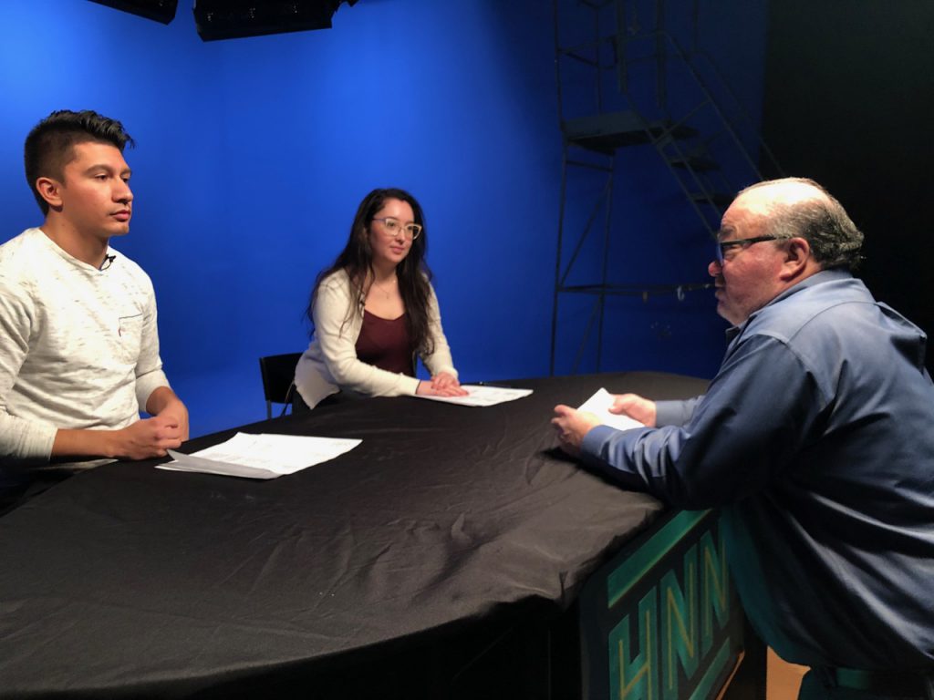 Bourin(far right) shared techniques to students Michelle Velez and Alonso Espinoza on how to appear their best on camera.