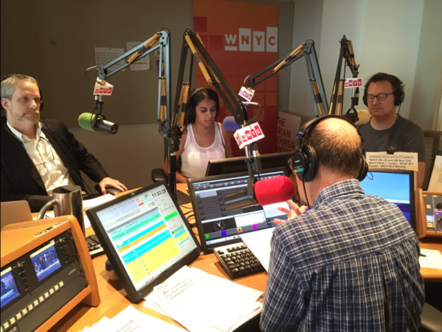 Hunter journalism faculty member Adam Glenn, appearing above left in 2016 on WNYC's Brian Lehrer Show, when he partnered with the station on a project exploring the impacts of heatwaves in Harlem. Glenn will now launch a new urban environment and health reporting class at Hunter to explore similar stories. (Photo courtesy WNYC)