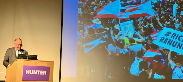 The Chancellor of CUNY, Felix Matos Rodriguez, was also present -- and with a backdrop of images from Puerto Rican resistance protests, he spoke about being the first Puerto Rican to hold the position. PHOTO: Rich Mendez