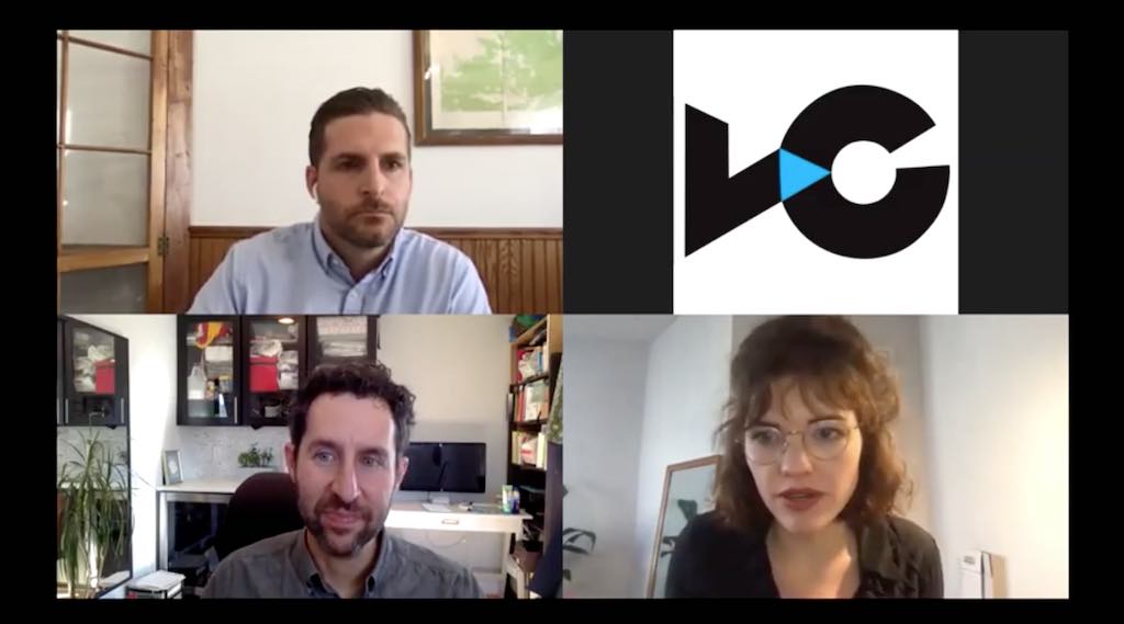 Journalist Eli Kintisch (lower left) is joined by panelists Andrew James Benson (upper left) and Jennie Butler (lower right) in a webinar to discuss "The Art of the Remote Interview"