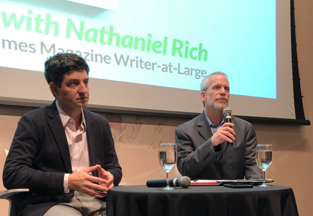 Nathaniel Rich (above, left) with Prof. Adam Glenn during the Pulitzer event
