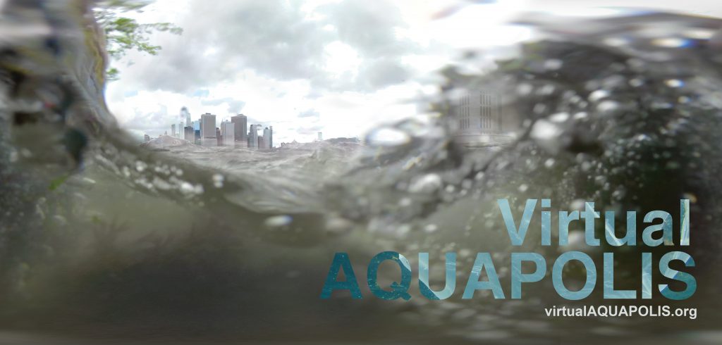 Virtual Aquapolis banner water and city skyline